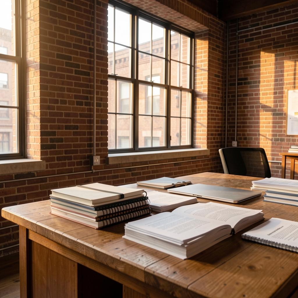 Quiet editorial office interior with exposed brick walls, a wooden desk stacked with notebooks and printed research papers, warm morning light through tall windows