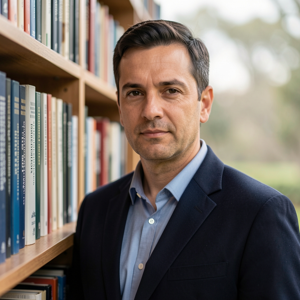 Portrait of Tobias Marsden, senior contributor, standing by a bookshelf in a research setting