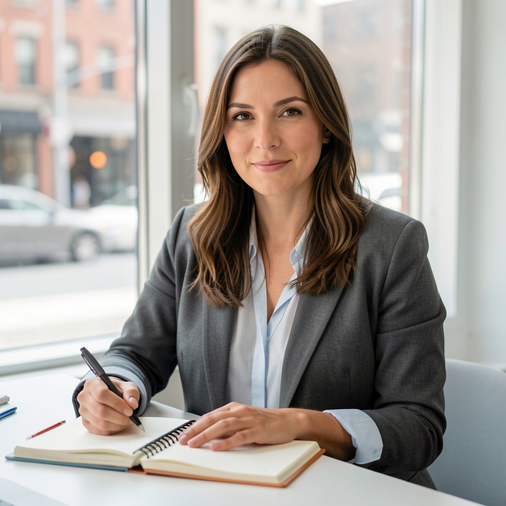 Portrait of a woman in her early thirties at a bright standing desk, notebook open, pen in hand, window behind showing an urban street, candid editorial feel