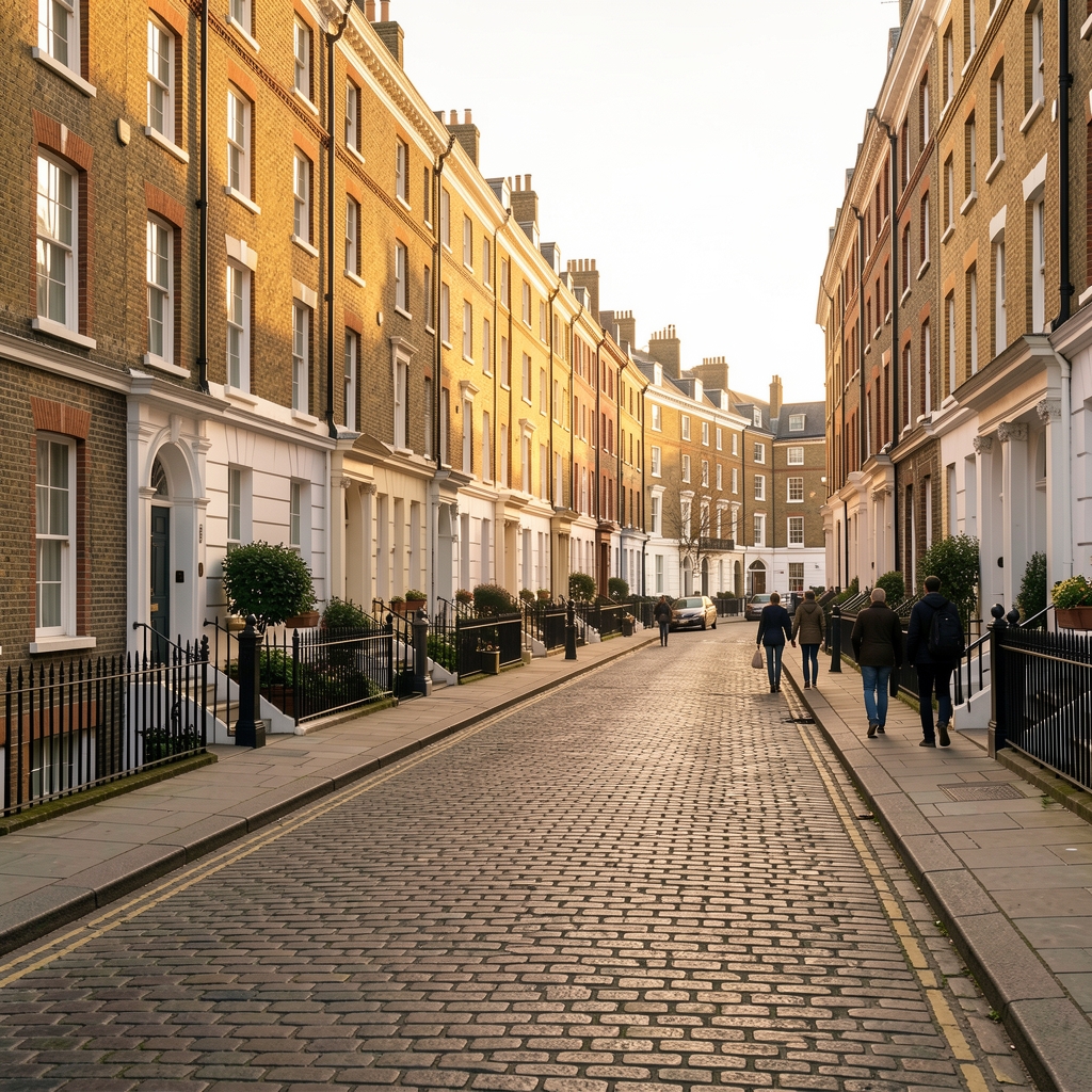 Clerkenwell London street scene with Georgian terraced buildings, cobblestone road, morning light, a few pedestrians walking, quiet urban atmosphere