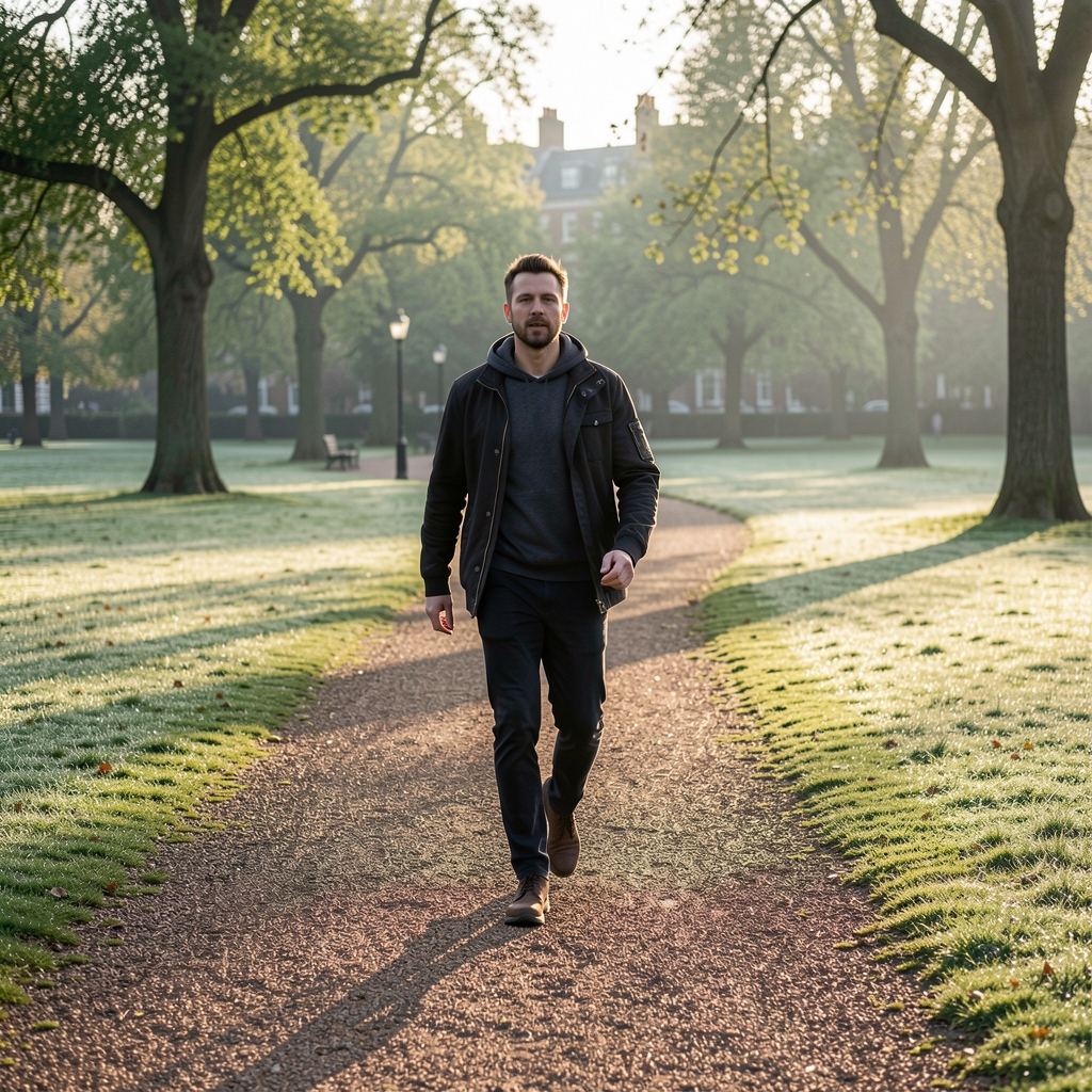Person walking briskly through a green London park at dawn, dew on grass, soft morning light casting long shadows across a gravel path