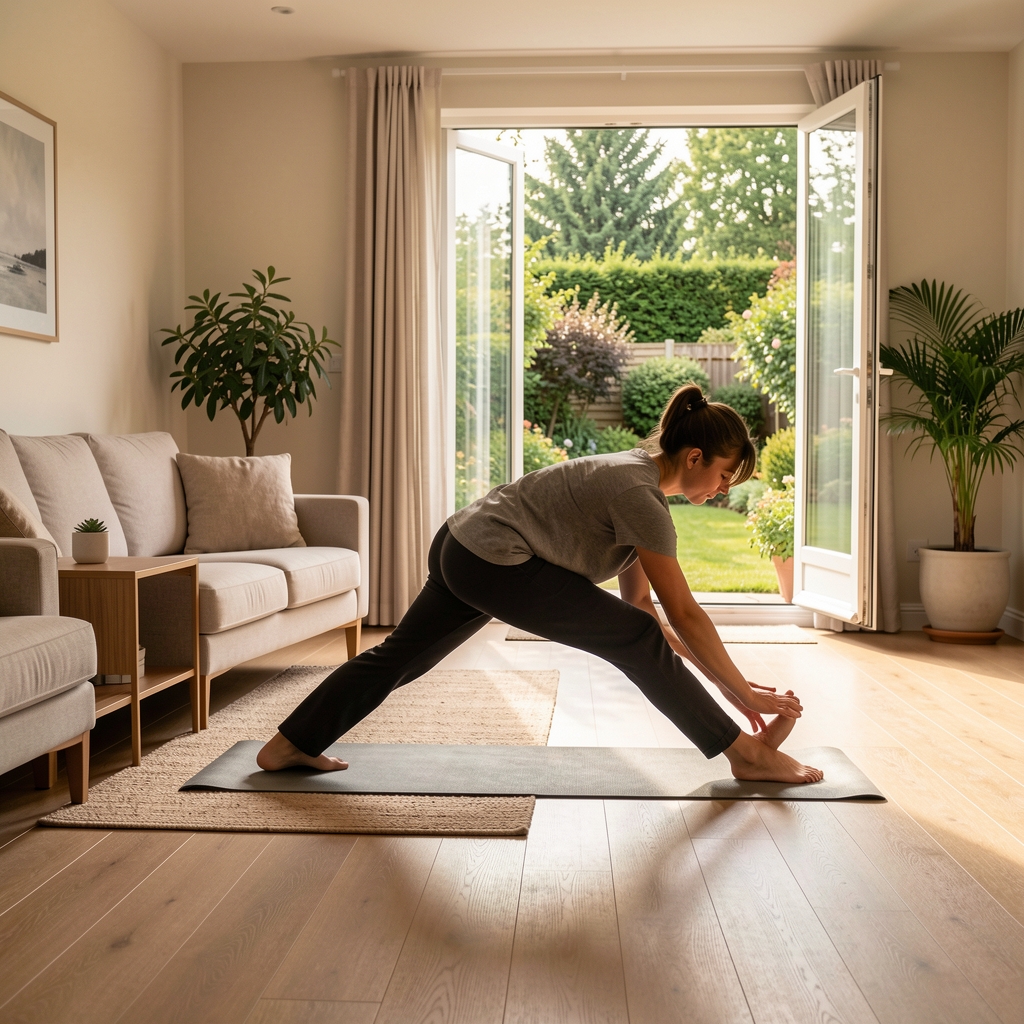 Home living room with cleared floor space, a person mid-stretch routine in morning light, neutral furnishings, open window with garden view