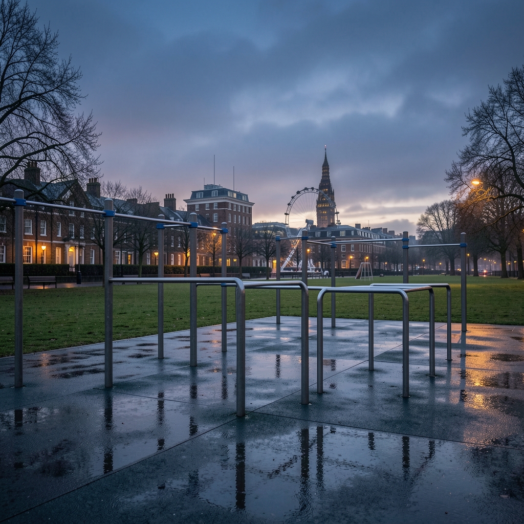 Outdoor park exercise area at dusk, empty parallel bars and stretching frames against a darkening London sky, wet surfaces from light rain