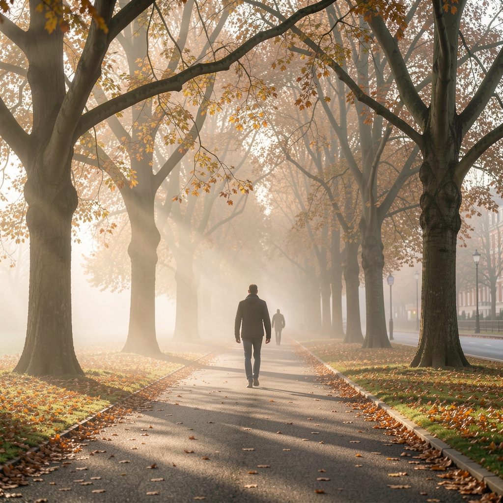 Early morning park path in London with soft mist, a person walking alone among autumn trees, low natural light filtering through branches